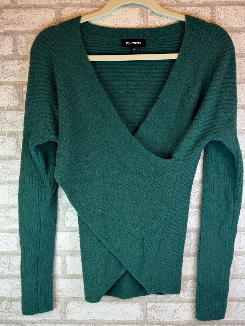 Express Wrap Front Ribbed Knit Sweater Green XS Chic Preppy Cozy